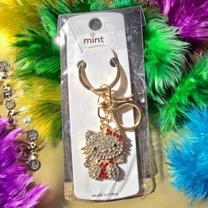 Mint Crystal Hello Kitty Keychain with Gold and Red Accents